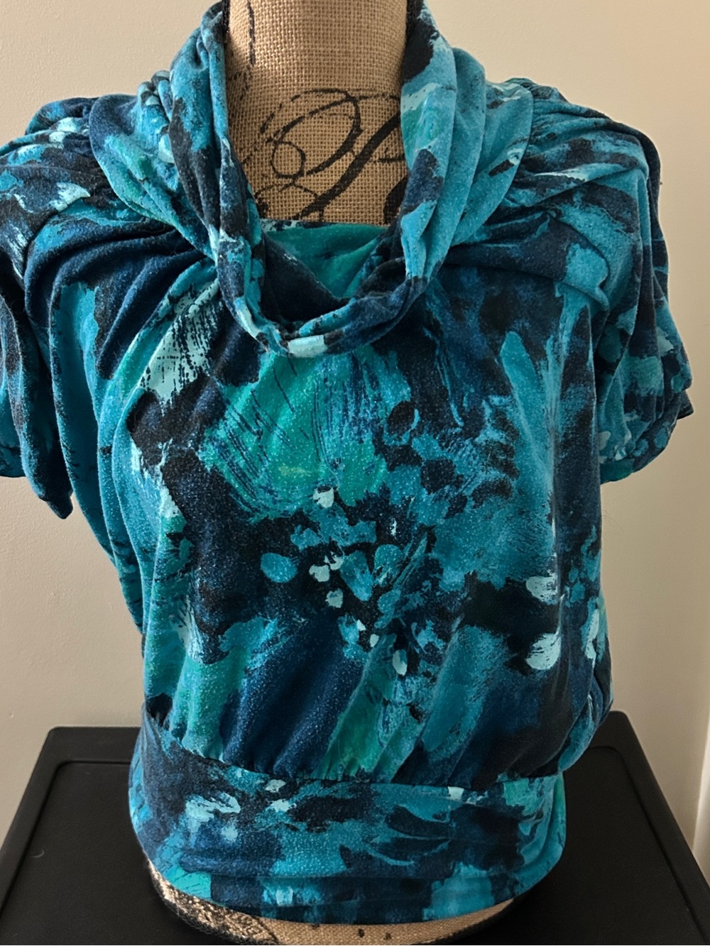 Vintage Y2K Teal & Navy Abstract Cowl Neck Women's Self Esteem Top